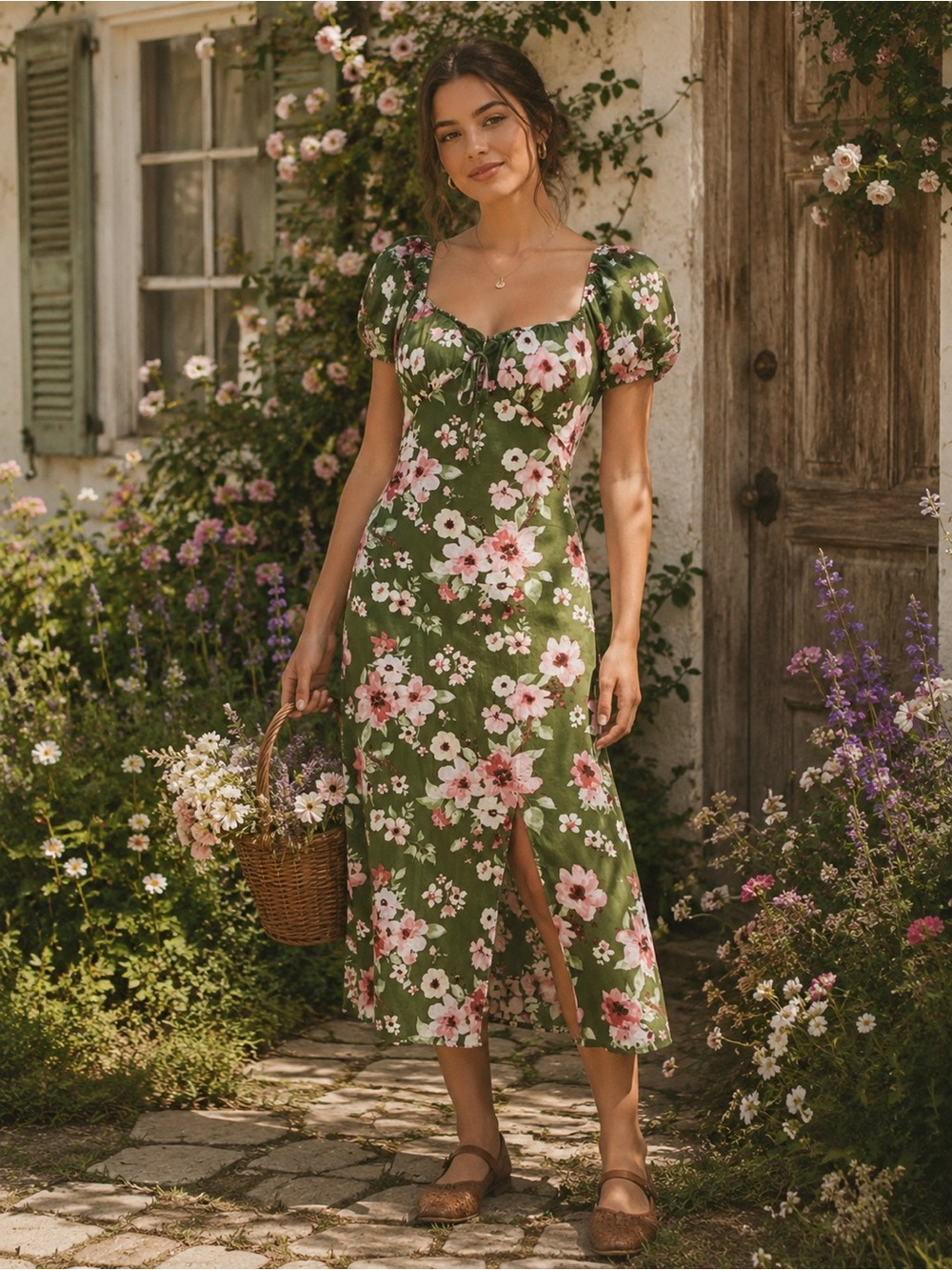 MADDEN GIRL Y2K Milkmaid Green Pink Floral Midi Dress Size M